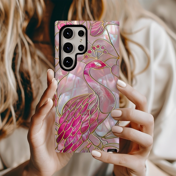 Peacock Stained Glass Design Samsung Galaxy S24 Ultra Phone Case - Hot Pink - Picture 1 of 2